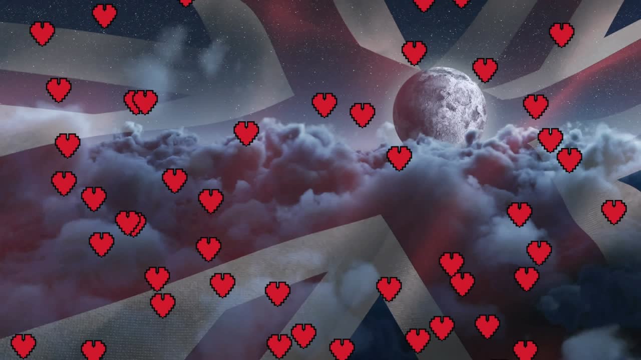 Animação de ícones de corações vermelhos flutuando sobre bandeira do Reino Unido tremulando contra nuvens escuras e lua no céu noturno