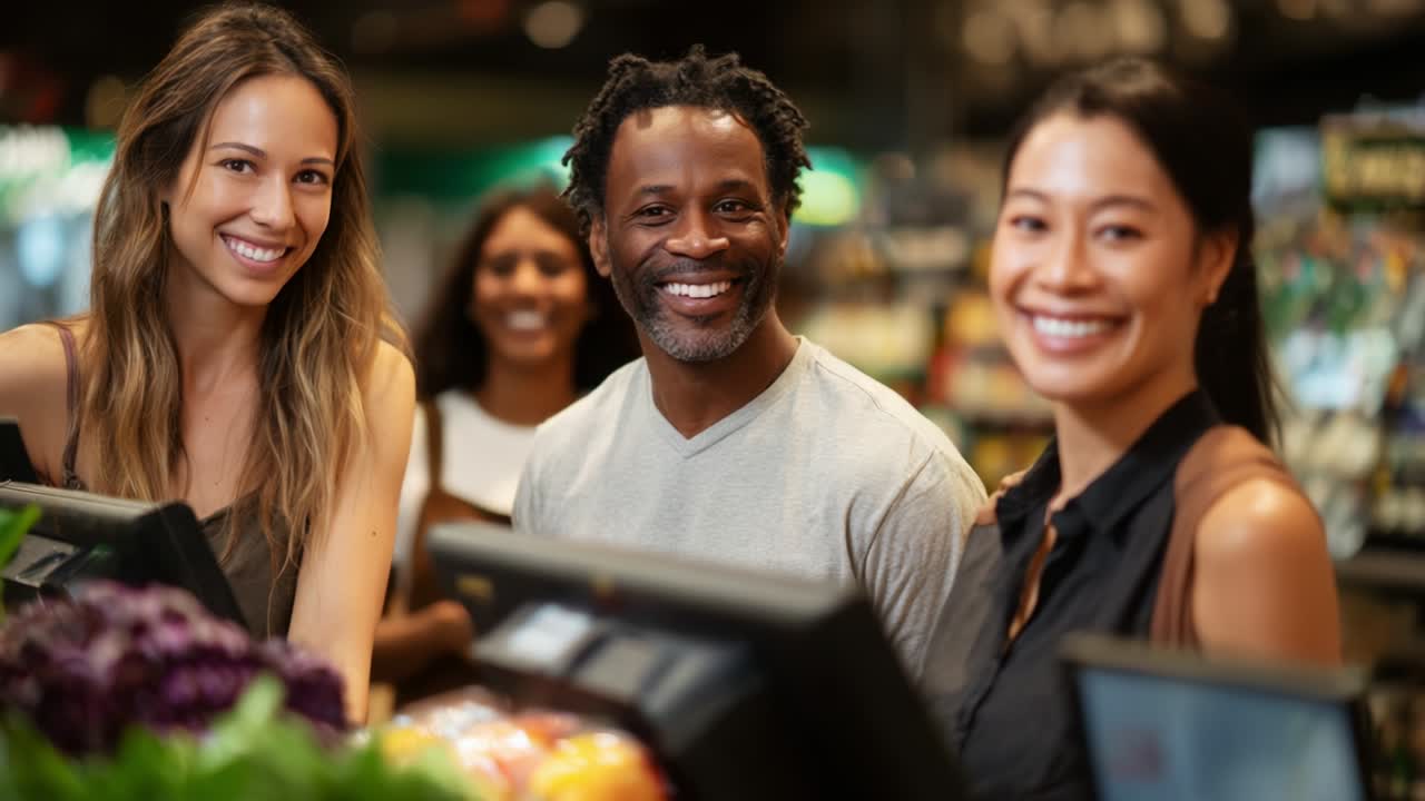 Nella vivace atmosfera di un negozio di alimentari, tre amici condividono momenti di gioia mentre passano alla cassa. I loro sorrisi e la loro connessione evidenziano l'essenza dell'amicizia, della community e delle esperienze condivise in un mercato vivace.