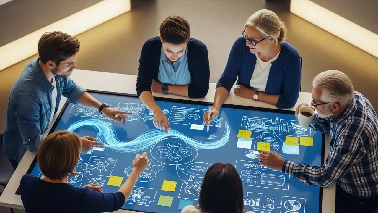 A Collaborative Meeting Focused on Innovation and Strategy, Featuring a Diverse Group of Professionals Engaging with Interactive Digital Technology to Ideate and Share Insights Over Visual Data Representations