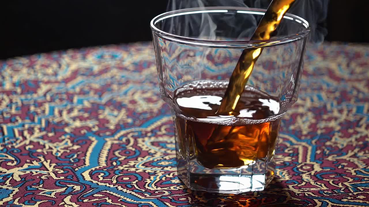 Close-up video of steaming tea being poured into a glass on a vibrant patterned tablecloth, shot