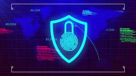 digital security shield with lock icon over world map and data animation