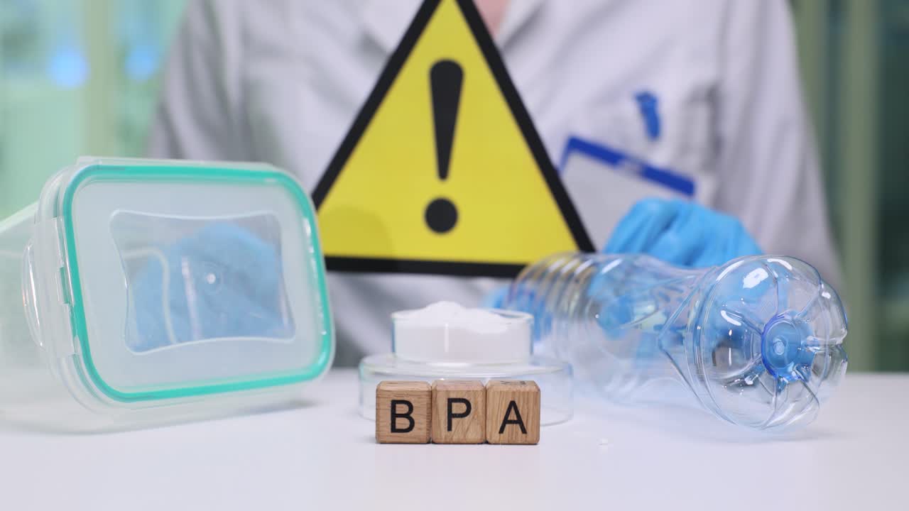 Ahşap bloklar, plastik şişe ve yiyecek kabının yanında 'BPA' kelimesini oluşturuyor.