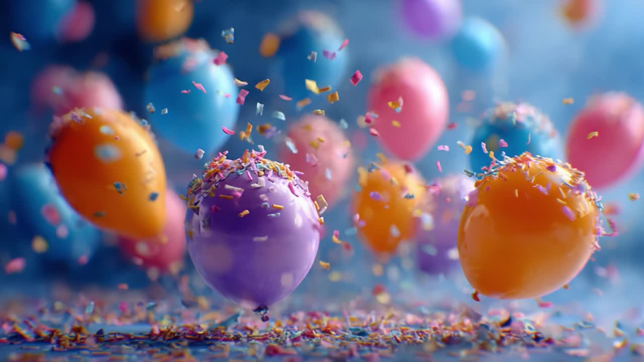 A Colorful Celebration of Joy with Floating Balloons Adorned with Colorful Sprinkles and Confetti, Creating a Sparkling Atmosphere of Festivity and Happiness