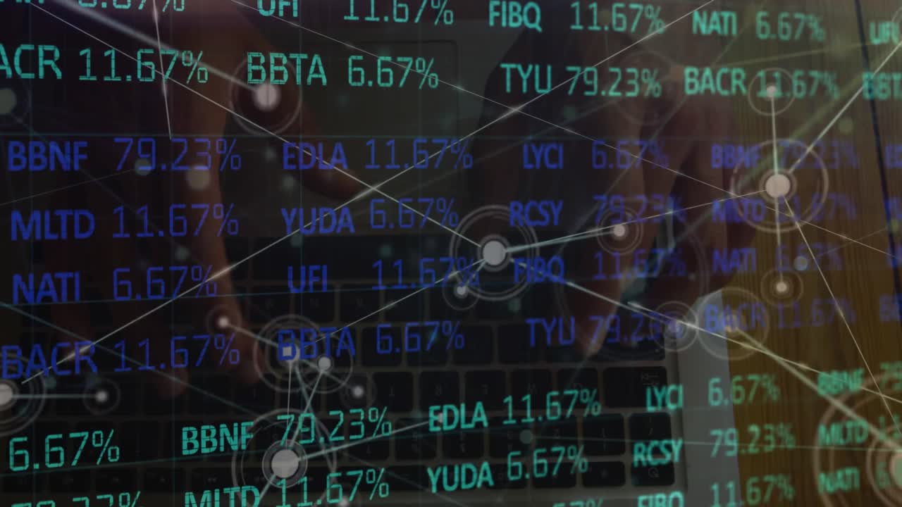 Animation of connected dots, trading board against cropped hands of caucasian man typing on keyboard