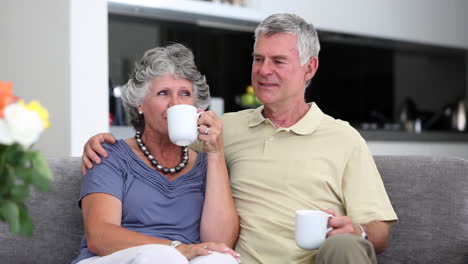 Älteres-Paar-Plaudert-Zusammen-Mit-Einer-Tasse-Kaffee-Auf-Einem-Sofa