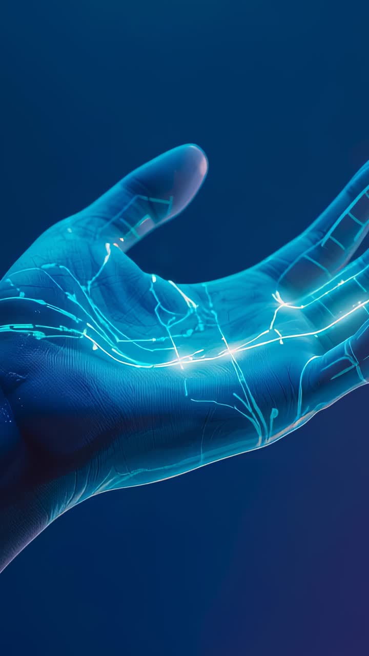 Vertical video: Pulsing nodes rising, causing hand curling into fist on blue gradient with circuits