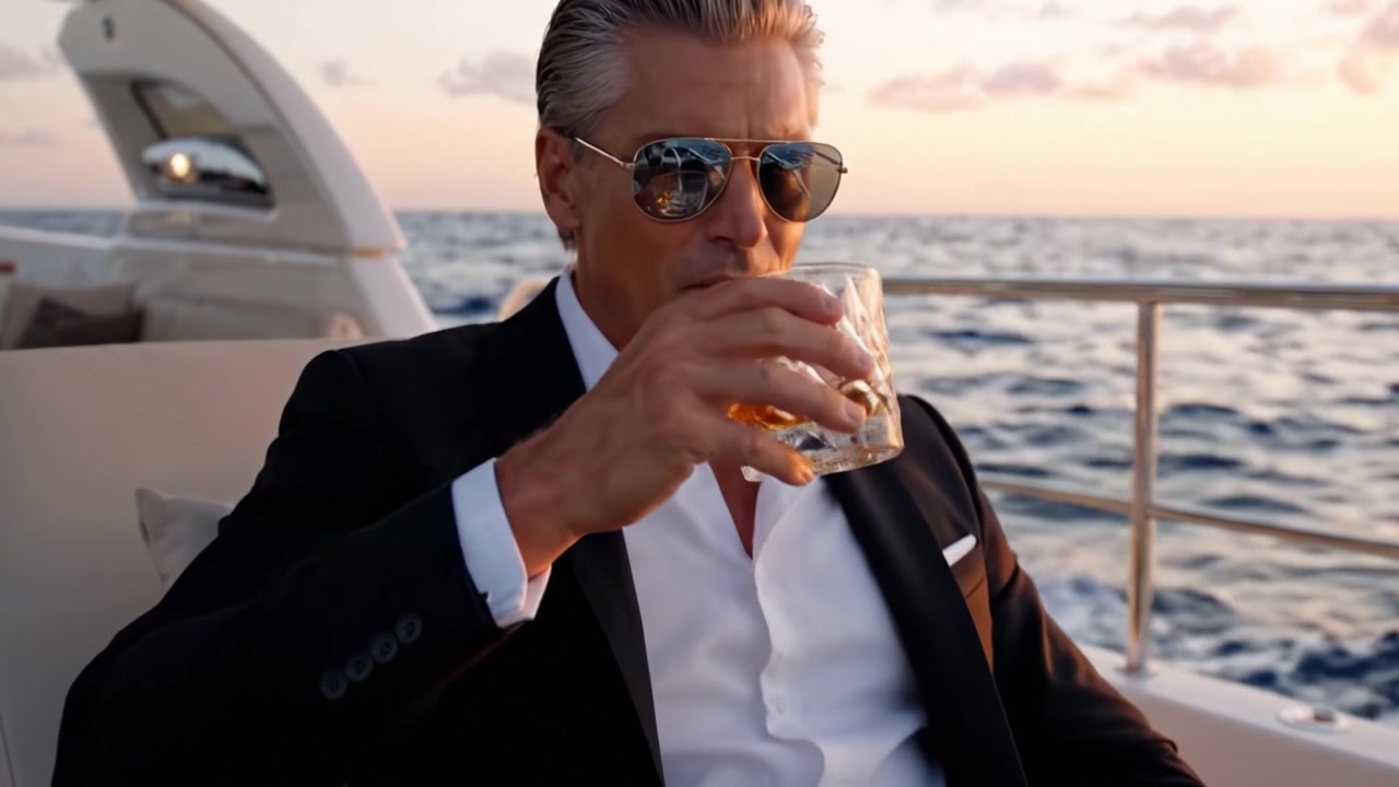 Elegancia sofisticada: un hombre disfruta de una tarde tranquila en un yate, saboreando una buena bebida frente a un impresionante atardecer sobre el océano.