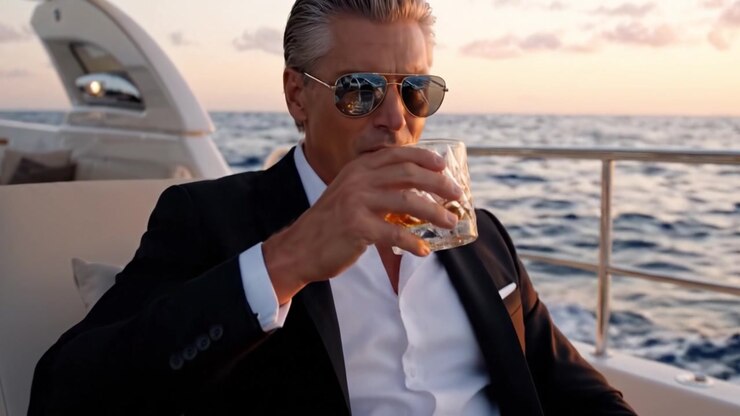 Sofistikert eleganse: En mann nyter en rolig kveld på en yacht, nipper til en god drink mot en fantastisk solnedgang over havet.