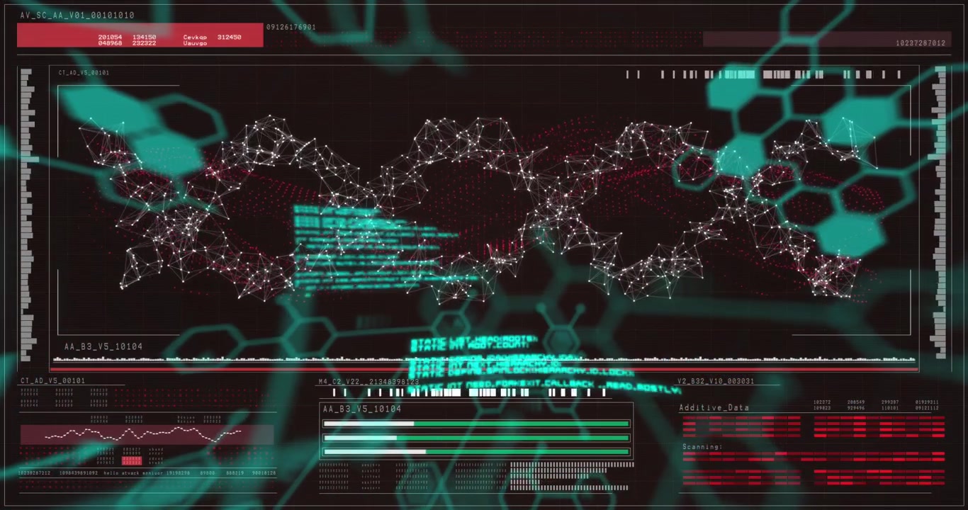 Animation of scientific data over digital screen on black background