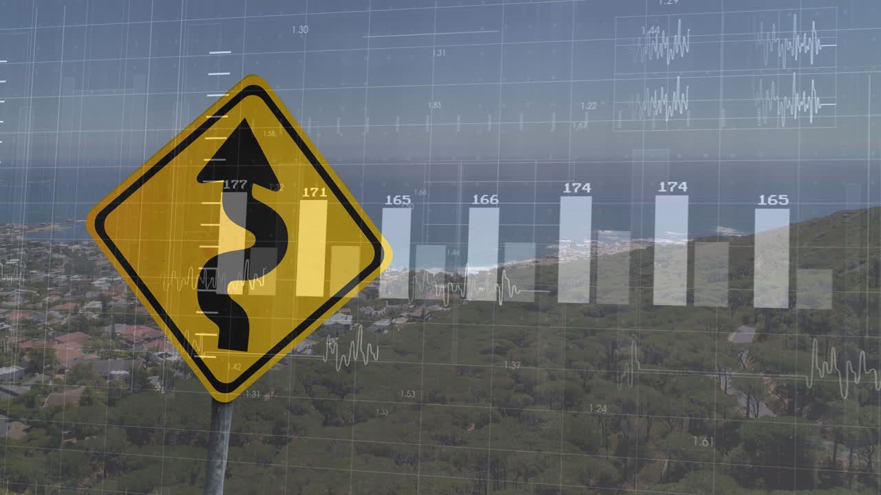 animación del procesamiento de datos financieros sobre señales de tráfico y paisaje
