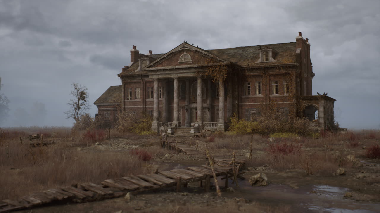 Abandoned Mansion in a Foggy Autumn Landscape