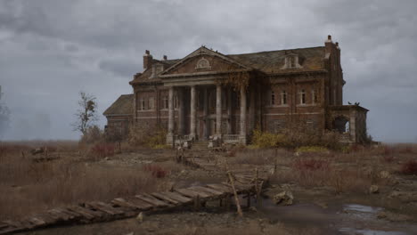 abandoned mansion in a foggy autumn landscape