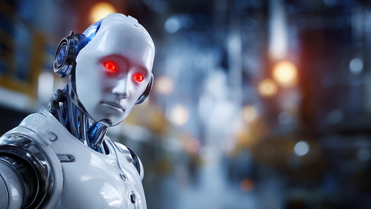 Robot umanoide futuristico con occhi luminosi che mostra un'intelligenza artificiale avanzata in un ambiente high-tech, sottolineando sia la bellezza che la complessità nel design