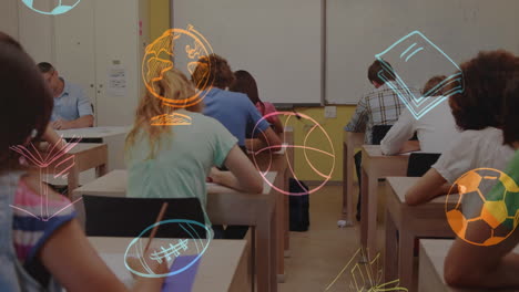 animación de iconos escolares sobre diversos estudiantes en el aula