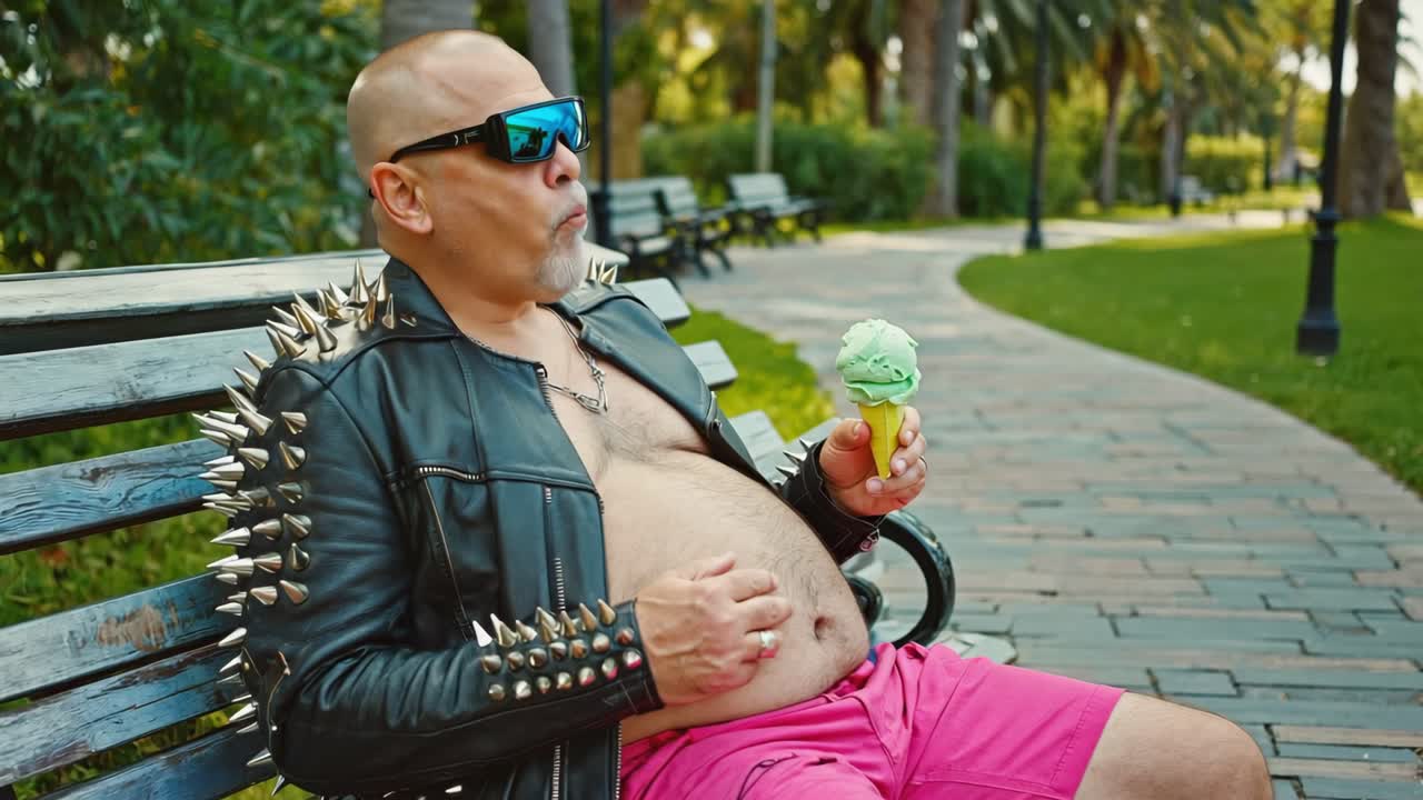 Bald rocker in studded jacket and pink shorts savoring ice cream while sitting on park bench, embodying carefree summer leisure and alternative style
