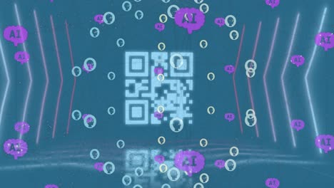 Animation-of-icons-forming-globe,-ai-texts-in-brains-over-qr-code-between-arrows