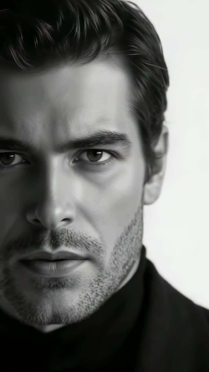 Vertical video: Recording model intensifying stare and pivoting left in studio, moody vibe