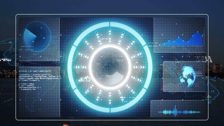 Animation of interface with round scanner and data processing against blurred view of cityscape