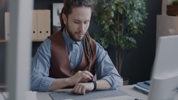 Man Checking Smartwatch in Office