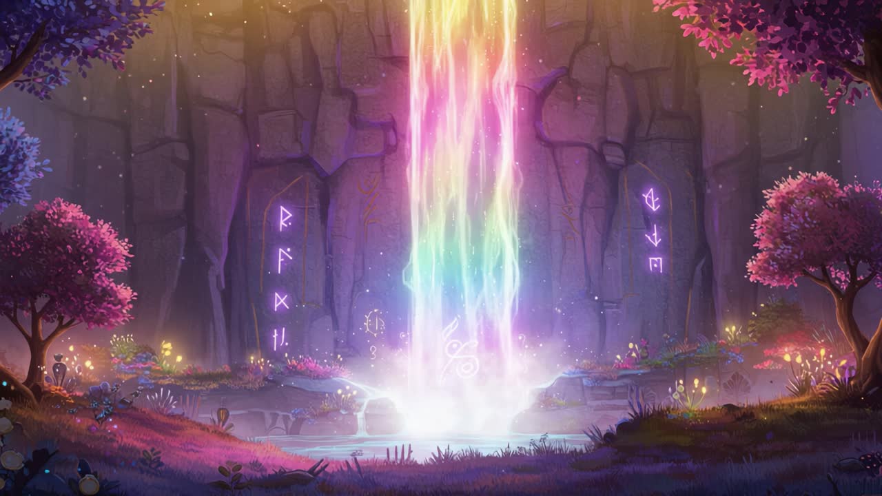 A Captivating Fantasy Scene Featuring a Vibrant Rainbow Waterfall Cascading Down from Majestic Cliffs, Surrounded by Enchanted Flora and Mysterious Symbols in a Magical Realm