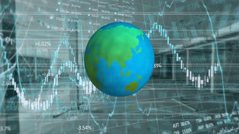 spinning globe icon over stock market and financial data processing against empty office