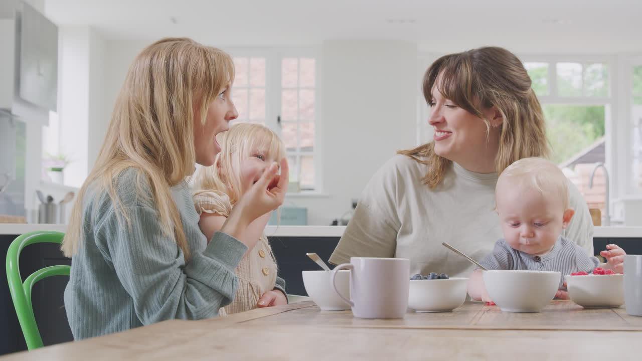 딸 과 아기 아들 과 함께 집 에서 건강 한 아침 식사 를 하는 동성 여성 부부