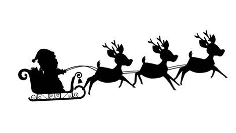 Digital-animation-of-black-silhouette-of-santa-claus-in-sleigh-being-pulled-by-reindeers