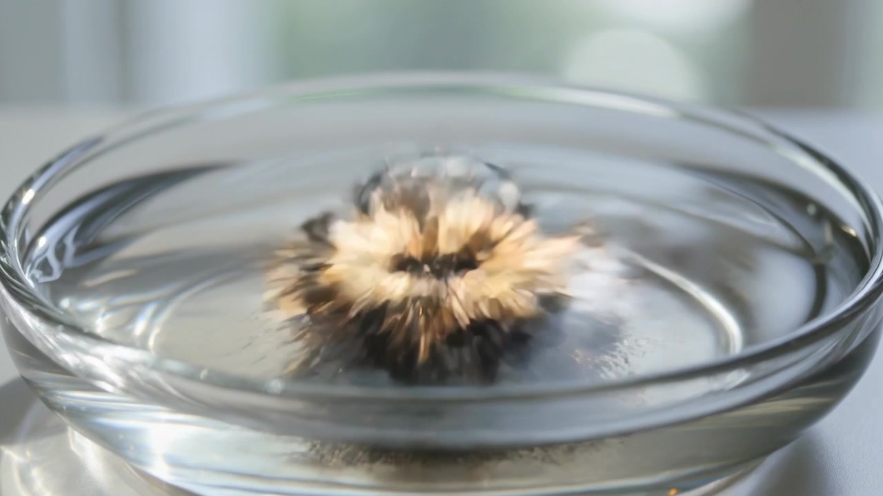 Swelling dark mound forming lobes on dish in clear liquid on tabletop by window, erupting burst