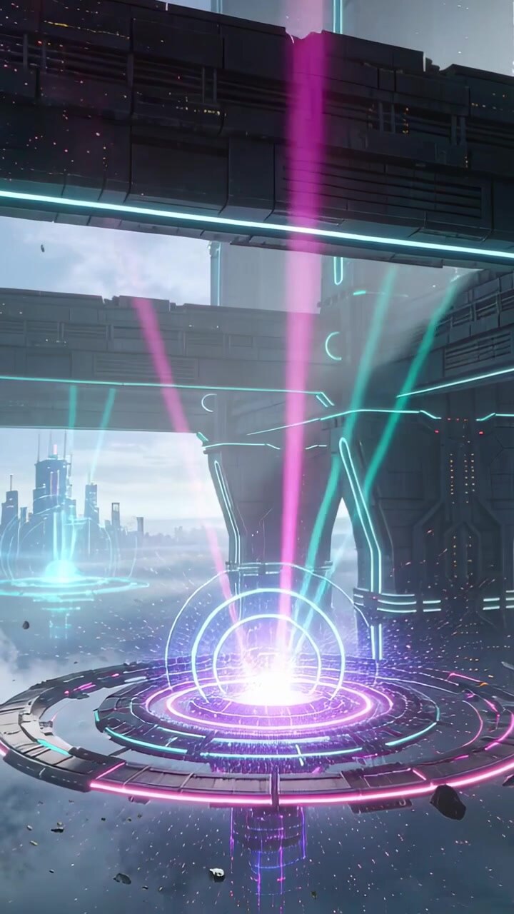Vertical video: Converging cyan magenta beams activating ringed platform in dock, forming holo dome