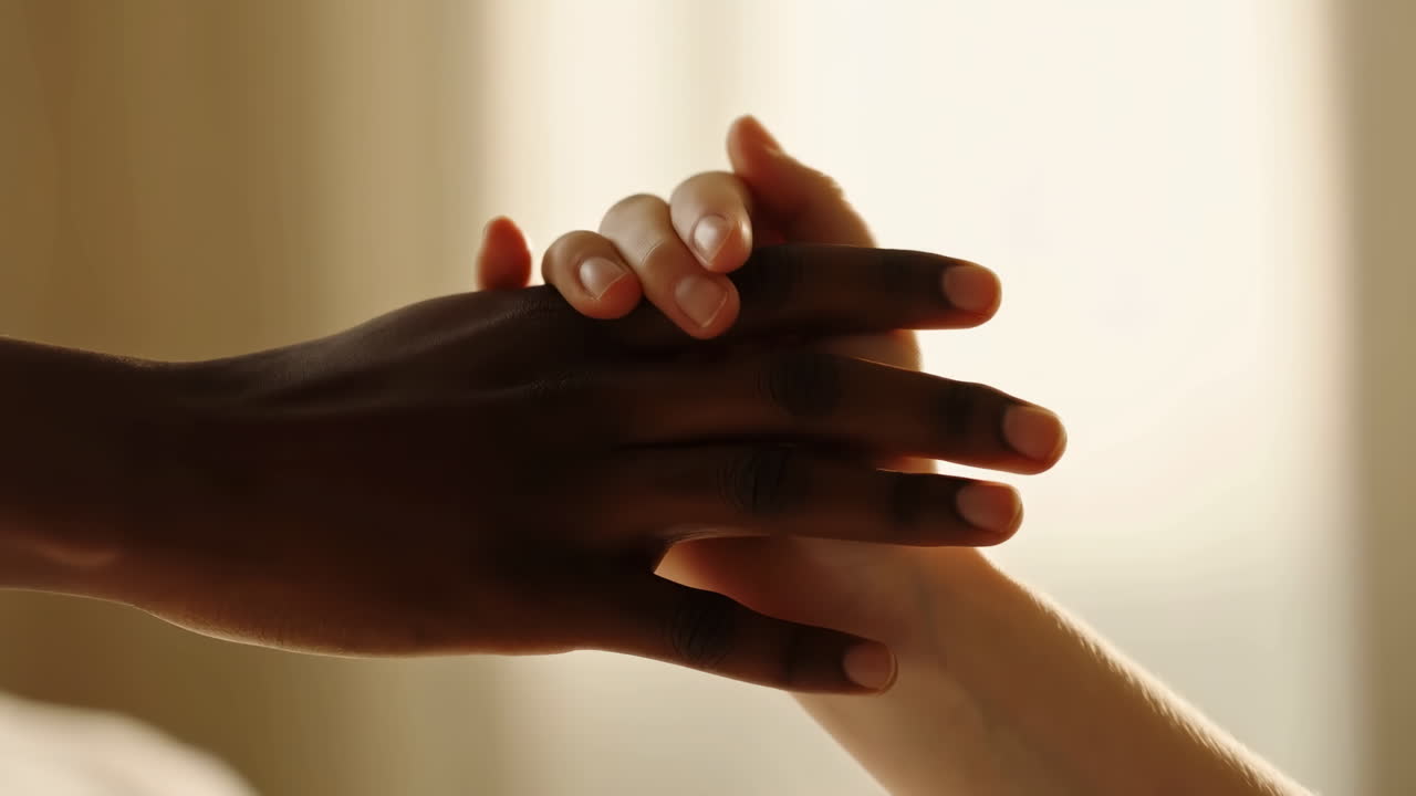 Diverse Hands Gently Interlocking Fingers in Soft Light