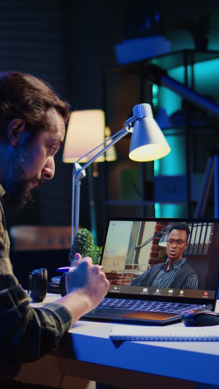 Vertical video Remote employee calls manager remotely using internet videocall