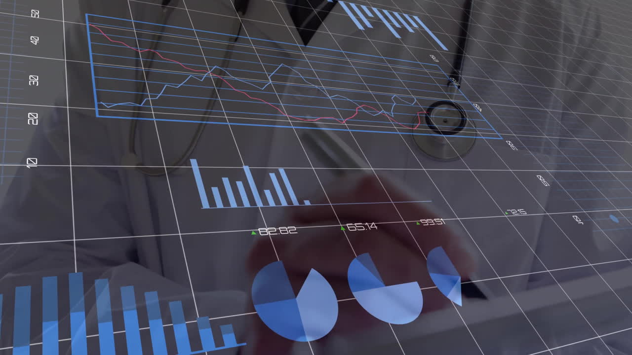 animación del procesamiento de datos financieros sobre un médico caucásico