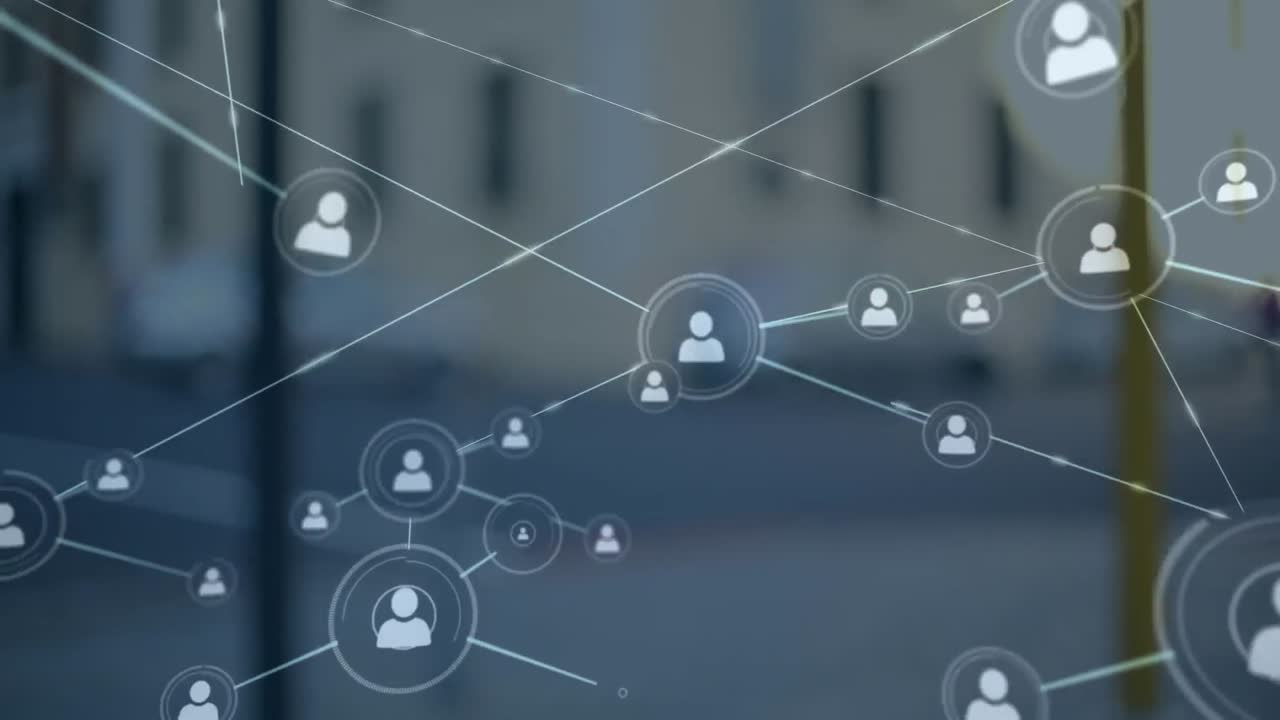 animación de la red de conexiones con iconos sobre el paisaje urbano