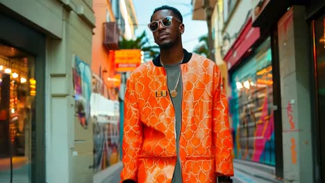 un hombre con una chaqueta naranja y gafas de sol de pie frente a una pared cubierta de graffiti
