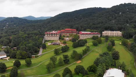 4K-Drone-Video-of-Golf-Course-at-Historic-Grove-Park-Inn-in-Asheville,-NC-on-Sunny-Summer-Day