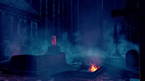 halloween scary graveyard with haunted owl with glowing eyes, mist, ground fog, haunted forest, old church buildings, 3d animation