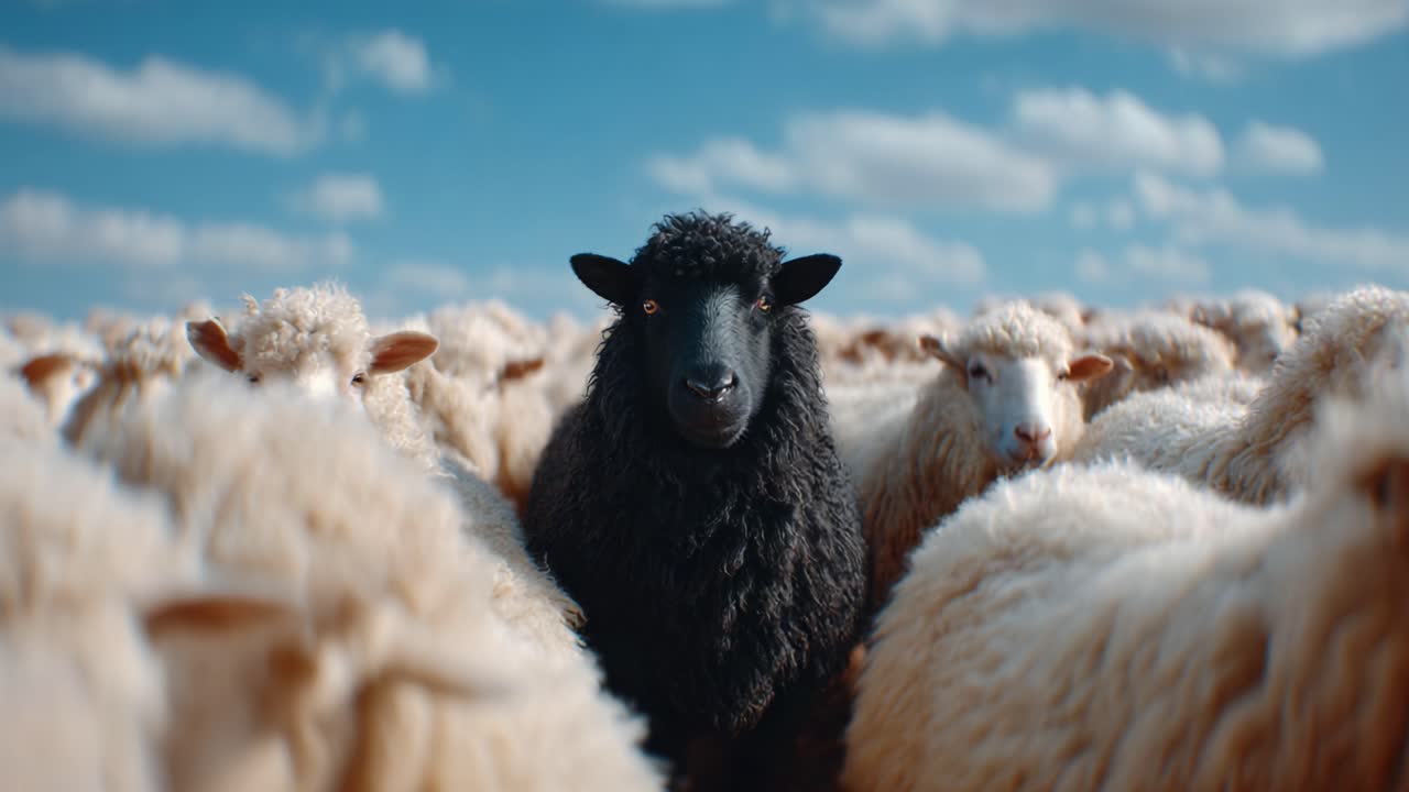A striking visual of a solitary black sheep standing proudly among a flock of white sheep, showcasing the beauty of uniqueness in a pastoral setting under a bright blue sky