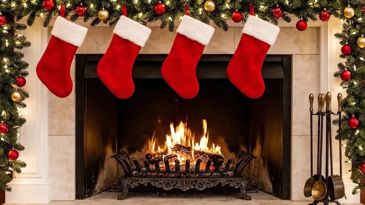 Cozy Christmas fireplace with stockings, shot from a front angle, perfect for holiday video