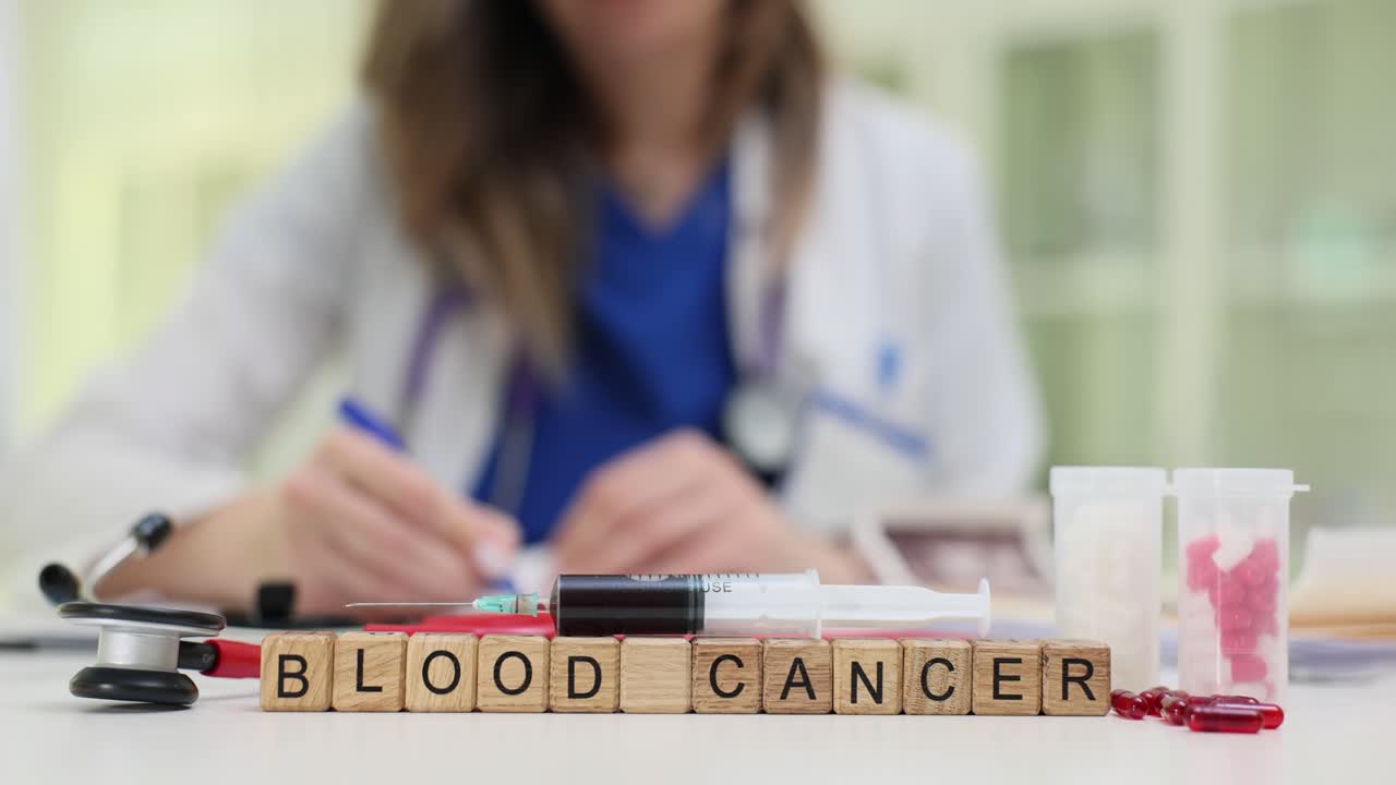 Träklossar stavar blodcancer på fullt medicinskt skrivbord av läkare