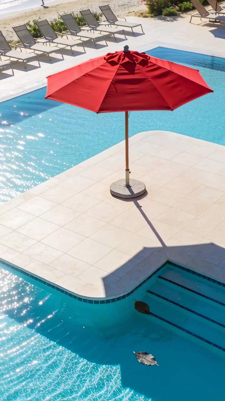 Vertical video: Showing red umbrella shadow at pool ripples drifting float walker walking in shorts