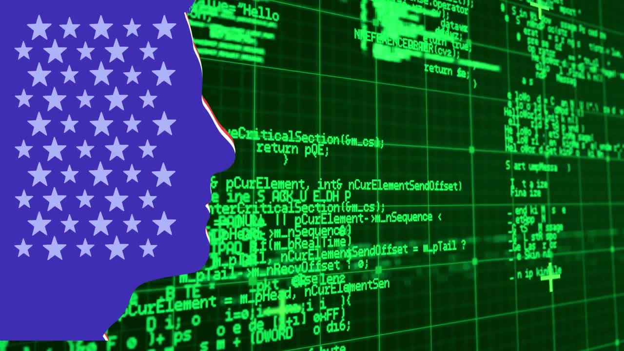 animación de cara púrpura con estrellas de bandera estadounidense sobre procesamiento de datos