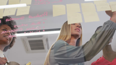 three diverse businesswomen brainstorming writing memo notes on glass wall in office