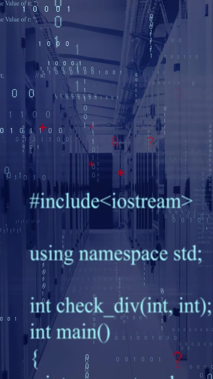 Vertical video: Server row showing binary surge spawning overlays, code cascade, red marks for flow