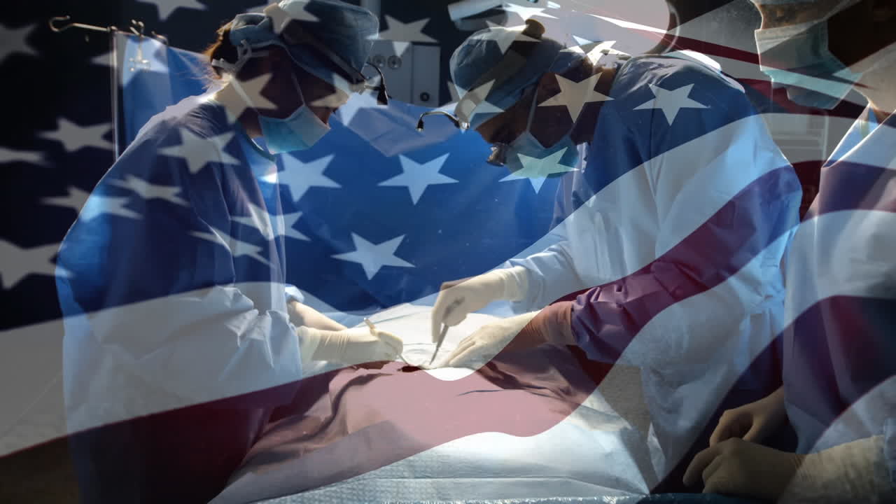 animación de la bandera de los estados unidos ondeando sobre los cirujanos en el quirófano