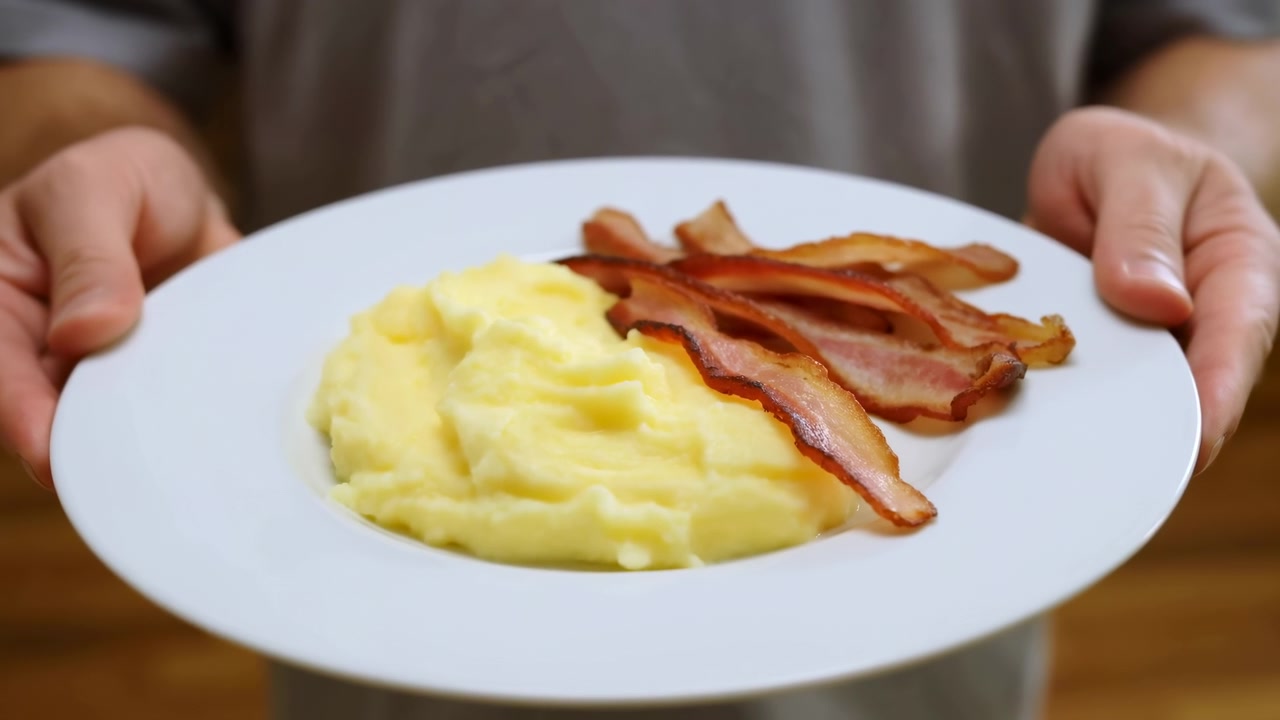Mani tengono fermo un piatto di ceramica mentre purè di patate chiaro e striscioline di pancetta dorata riempiono il primo piano, con abiti grigi leggermente sfocati sullo sfondo e legno caldo visibile sotto