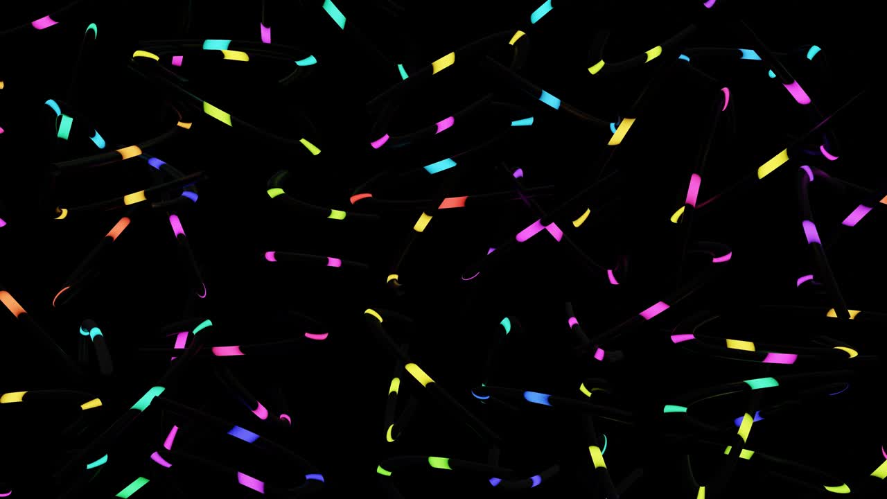 굴곡된 튜브에서 달리는 다채로운 네온 빛과 함께 추상적인 루프 4k 어두운 배경, 축제 쇼 또는 휴일 이벤트, 전시, 축제 또는 콘서트, 뮤직 비디오, 나이트 클럽을위한 vj 루프