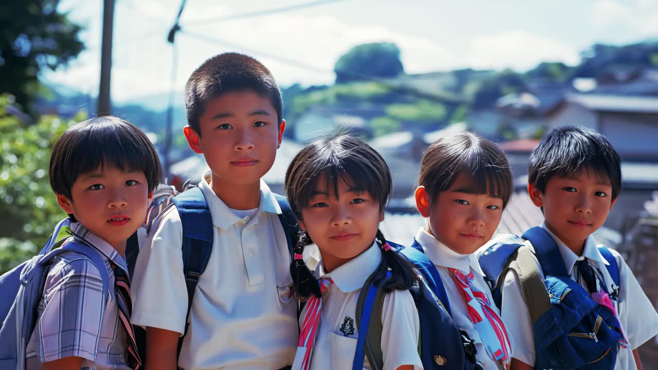 Five young Japanese students wearing uniforms and carrying backpacks are gathered together outdoors, enjoying a sunny day in a slightly blurred urban setting filled with youthful energy