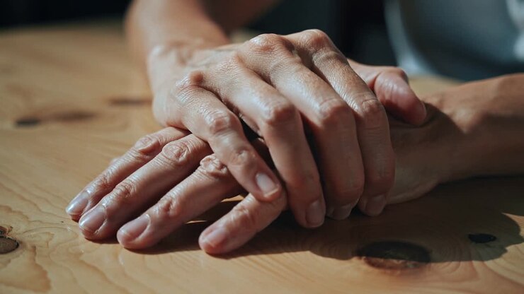 Faisant glisser la main supérieure vers l'avant, enroulant les doigts autour de la main inférieure sur une table en bois, en manches courtes.