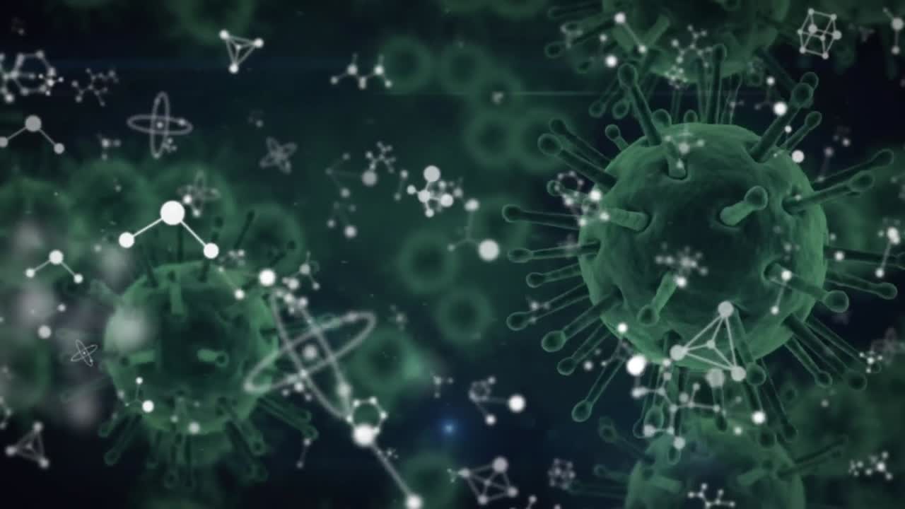 Molecular structures floating over green covid-19 cells moving against black background