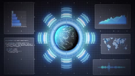 Animation-of-globe,-circuit-board,-data-processing-over-statistics